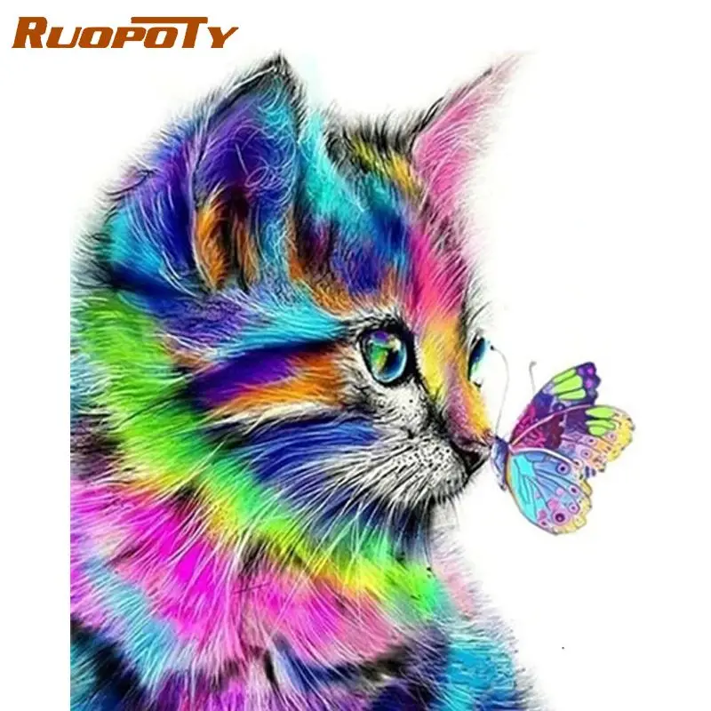 RUOPOTY картины по номерам Наборы для взрослых ручной работы Цвет кошечки с бабочкой