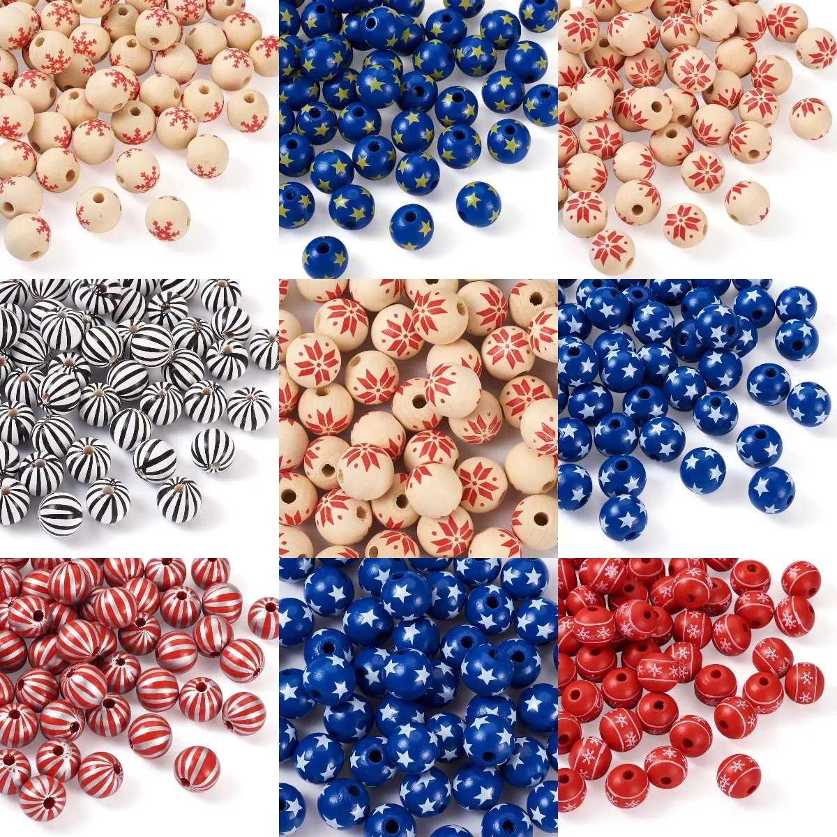 

50Pcs 16MM Christmas Snowflake Star Printed Wooden Round Beads Natural Wood Spacer Bead For Bracelet DIY Craft Jewelry Making