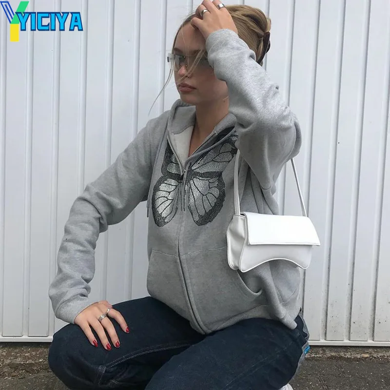 

Женская толстовка с капюшоном Y2K, черная Осенняя толстовка с капюшоном и длинным рукавом, Повседневная Толстовка с капюшоном, на молнии, с ба...