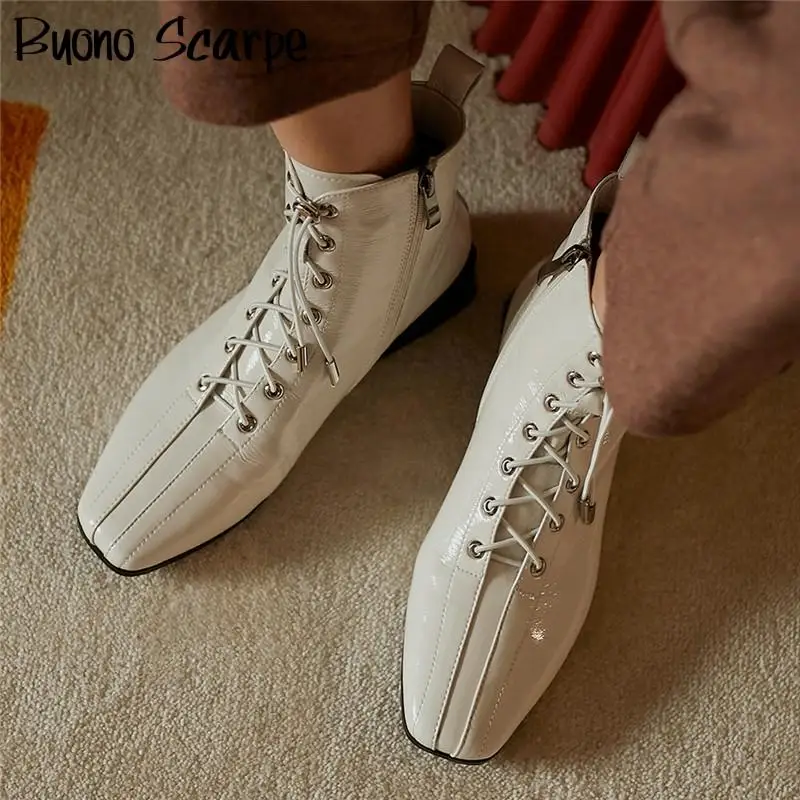 

Cross Tied Chunky Boots Autumn Winter Ankle Boots Lace Up Shoes For Women Casual Basic Shoes Genuine Leather Ladies Shoes Botas