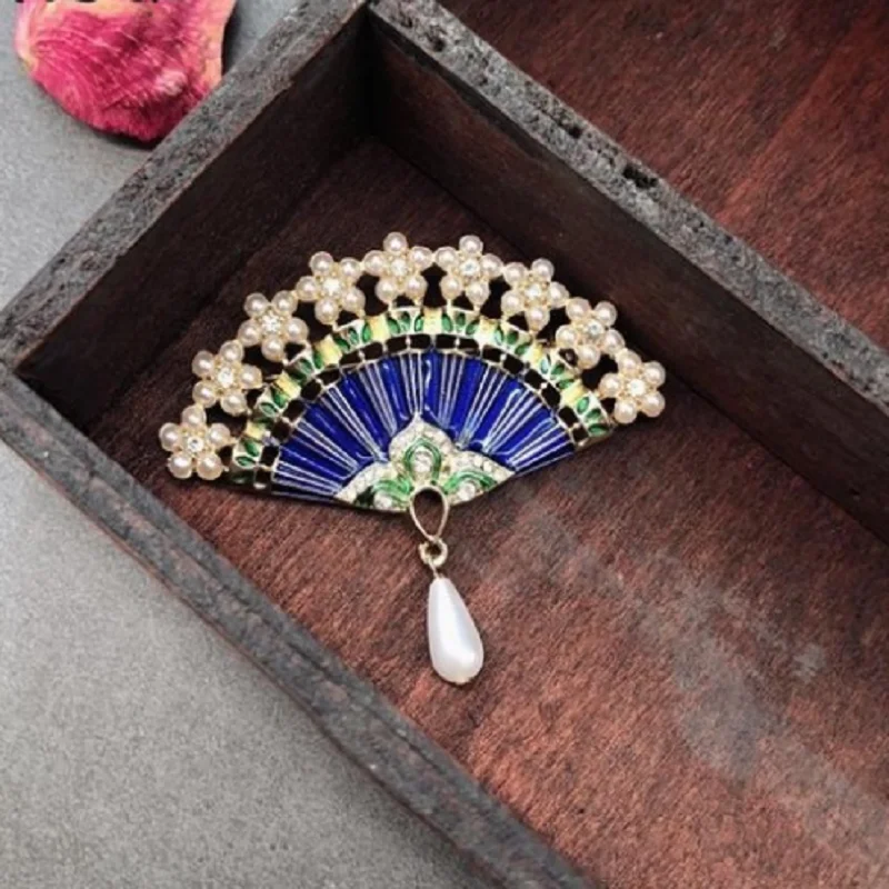 KingDeng Brooch Chinese Style Pearl Gifts for Women Personality Jewelry Unisex Vintage Zinc Alloy Brooches Fan Colorful | Украшения и