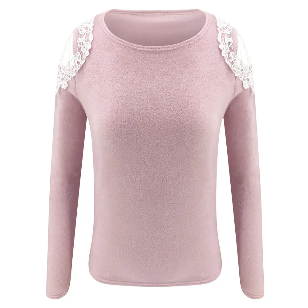 Pink Модные женские толстовки из кусков, с вырезами, с кружевным декором, с круглым вырезом, с длинным рукавом, одноцветные, элегантные, Осенние, зимние, тонкие пуловеры, топы - Цвет: Pink
