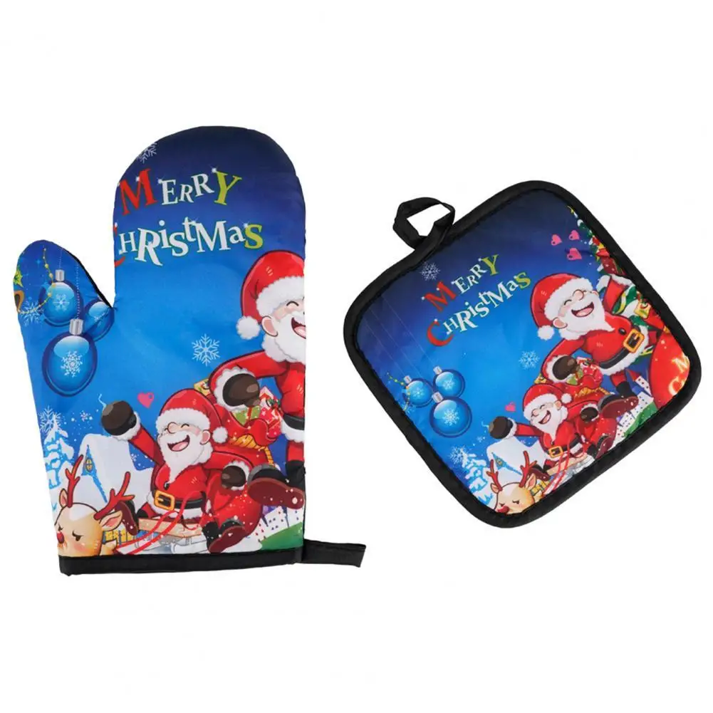 

2Pcs/Set Microwave Glove Fine Workmanship Non-Slip Polyester Christmas Washable Oven Mitts Mat for Home Glove Mitts Mat Christma