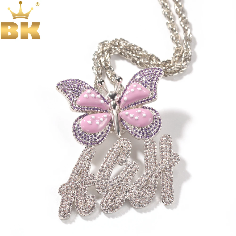 

THE BLING KING Buttterfly Bail Custom Double-Layer Cursive Letter Pendant Cubic Zirconia Initial Name Necklaces Hiphop Jewelry