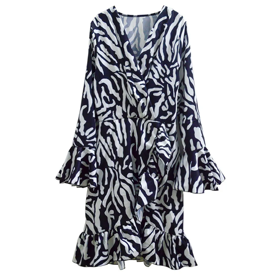 

Lantern Sleeve printed women's fashion black and white frill V-neck party women's autumn A-line official dress