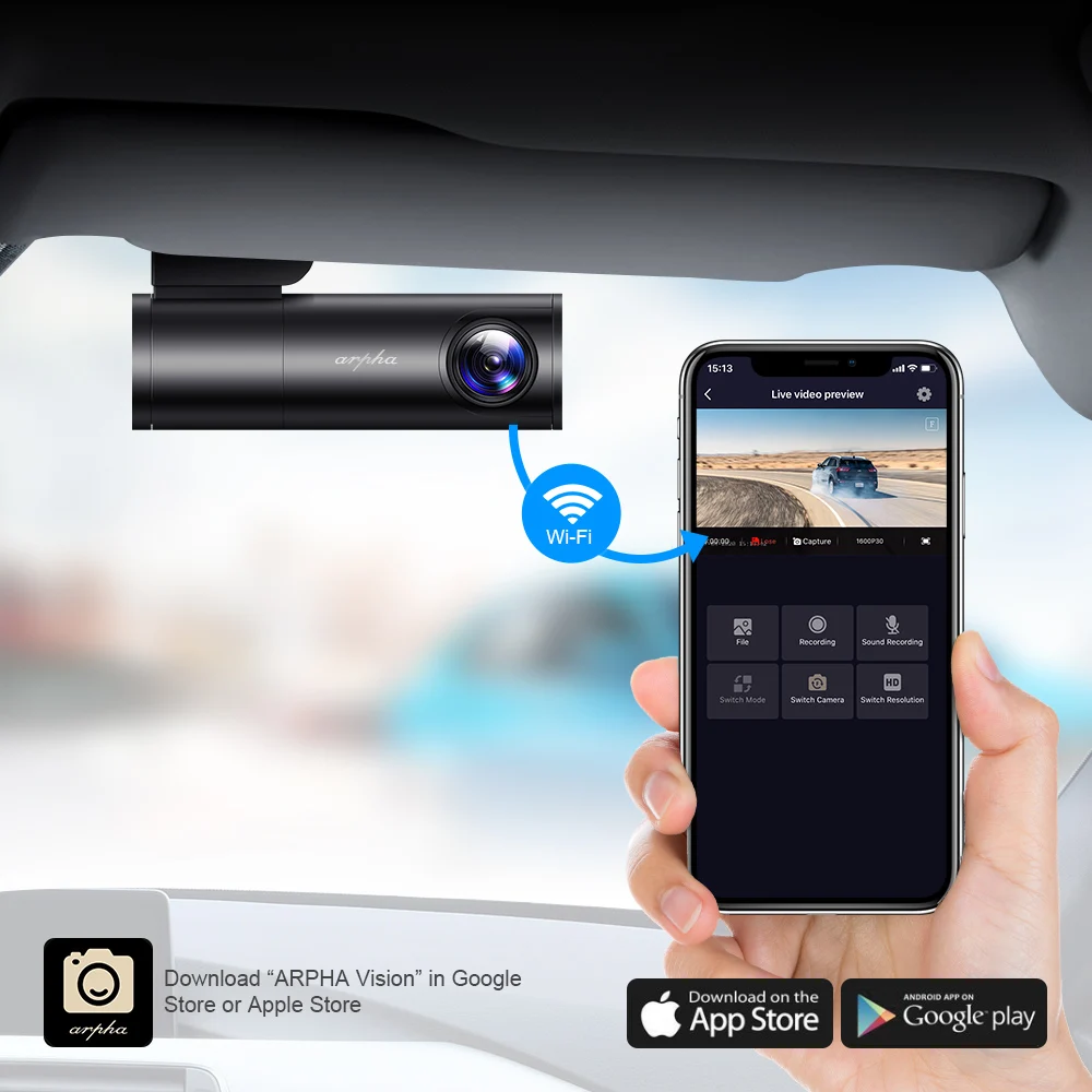 Автомобильный видеорегистратор без экрана Arpha W01 встроенный GPS Wi-Fi 1600P HD ночное