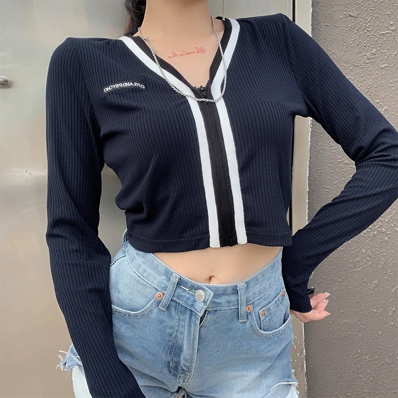Женская трикотажная футболка на молнии в полоску с длинным рукавом стиле