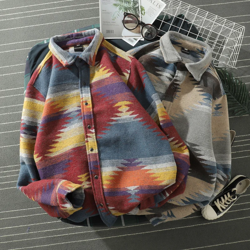 

Рубашка мужская в японском стиле ретро, этническая блуза с начесом контрастных цветов, утепленная Свободная куртка в Корейском стиле, весна...