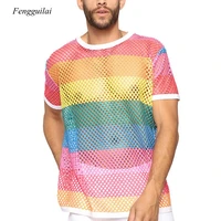 mens rainbow mesh see through fishnet t shirt 2021 sexy short sleeve transparent tshirt homme hip hop street wear camisetas