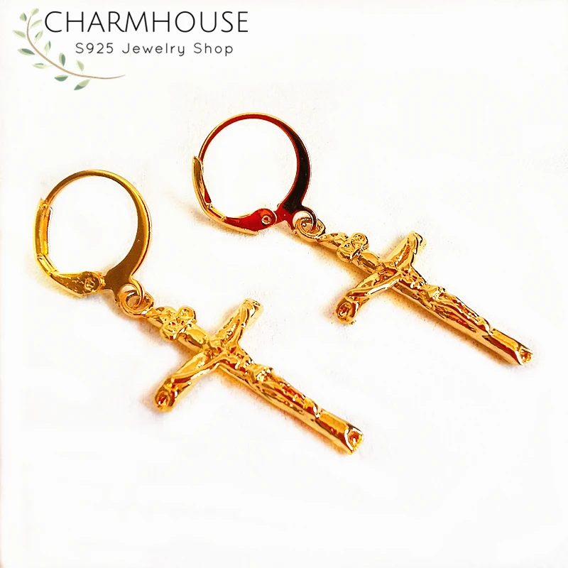 Charmhouse 24K Желтые серьги золотого цвета для женщин Иисуса Креста сережки Brincos Pendientes