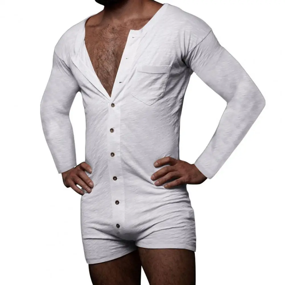 Underwear Men's Sexy Pajamas Sets Onesie-s Men Long Sleeve Solid Color Romper Single-breasted Jumpsuit Sleepwear Nightwear