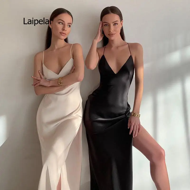 

Women Satin Spaghetti Strap Dress Sexy Deep V Neck Backless Nightclub Dresses 2021 Summer Elegant High Split Party Midi Dress