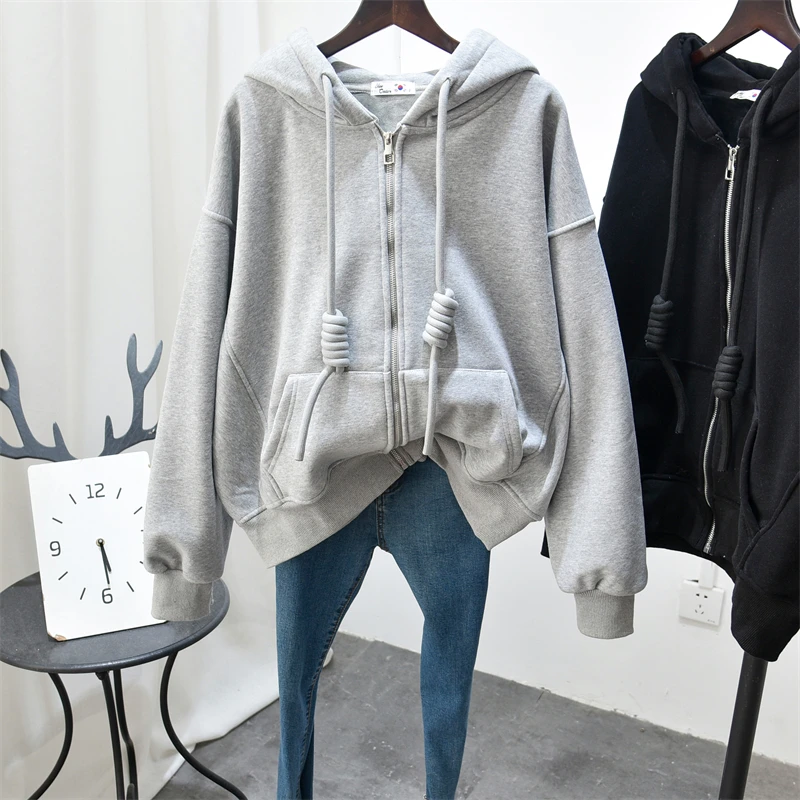 

Sweatshirt Women's Winter Fleece-Lined Thickened Pure Color Trendy Fashion Thick Hat Rope Cotton Zipper Cardigan Outerwear