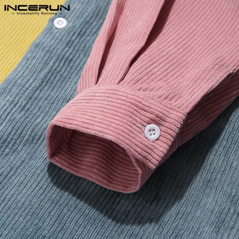 

INCERUN Men Corduroy Shirts Long Sleeve Lapel Neck Chemise Vintage Button Up Patchwork Blouse Loose Pockets Blusa Streetwear 3XL
