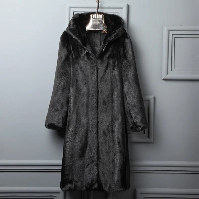 Женское пальто из меха норки длинное черное с капюшоном 6xl размера плюс 2019|Куртки