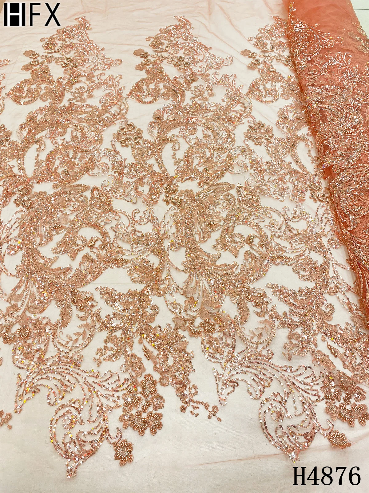 

HFX Nigerian French Lace Fabrics 2021 African Latest Sequence Lace Handmade Beaded Embroidered Lace Sequins Mesh Fabric F4876