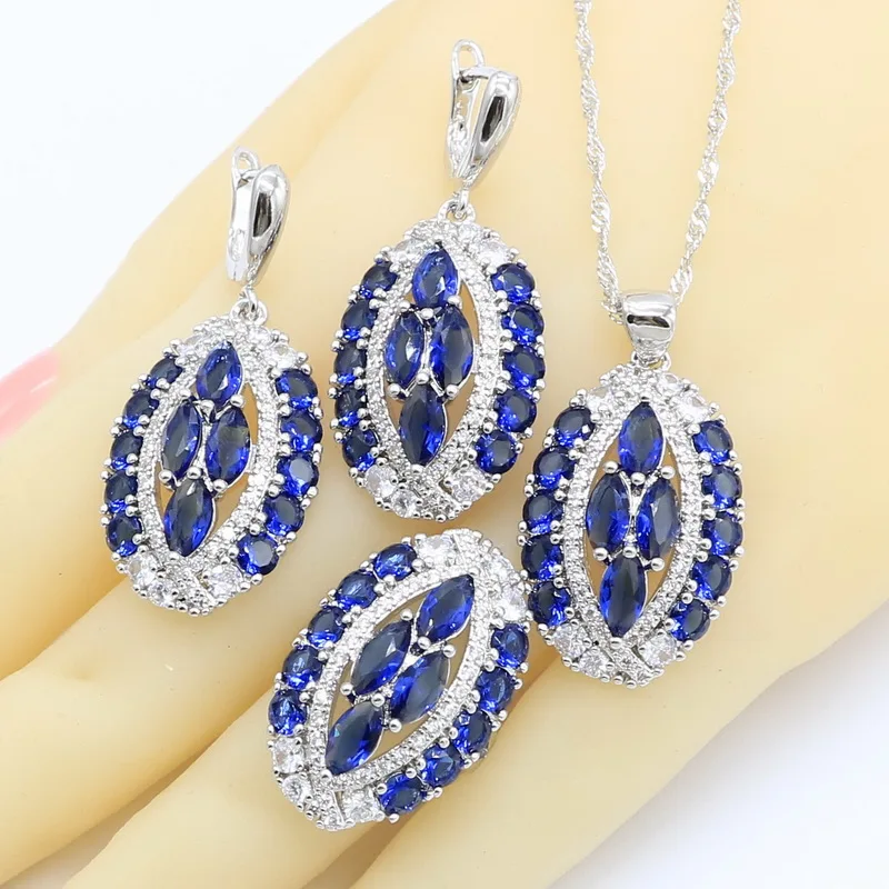 Dark Blue Zircon 925 Silver Jewelry Sets for Women Bracelet Earrings Necklace Pendant Ring Gift Box
