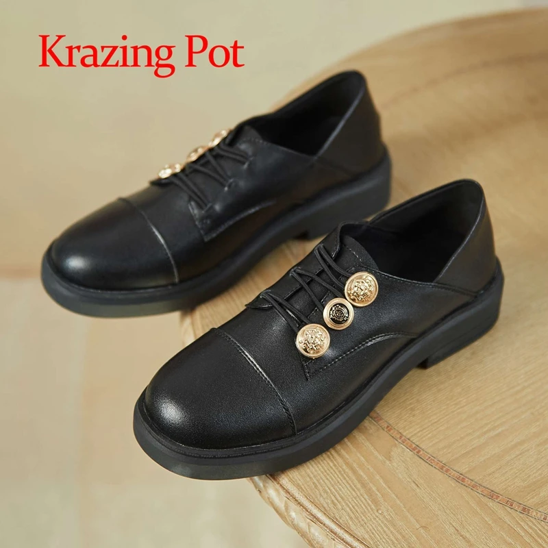 

lenkisen large size cow leather round toe med heels leisure vintage cozy preppy style metal fasteners slip on women pumps L32