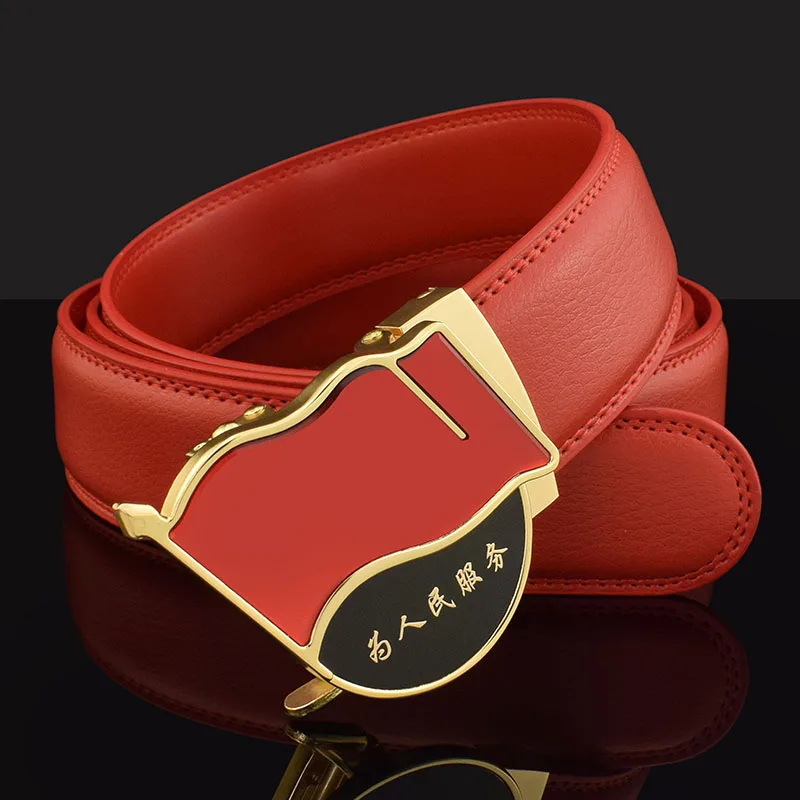 Men Automatic Buckle Belt Male Girdle Waistband Men Fashion Men Leather Five-star red flag belt  High Quality Automatic Buckle