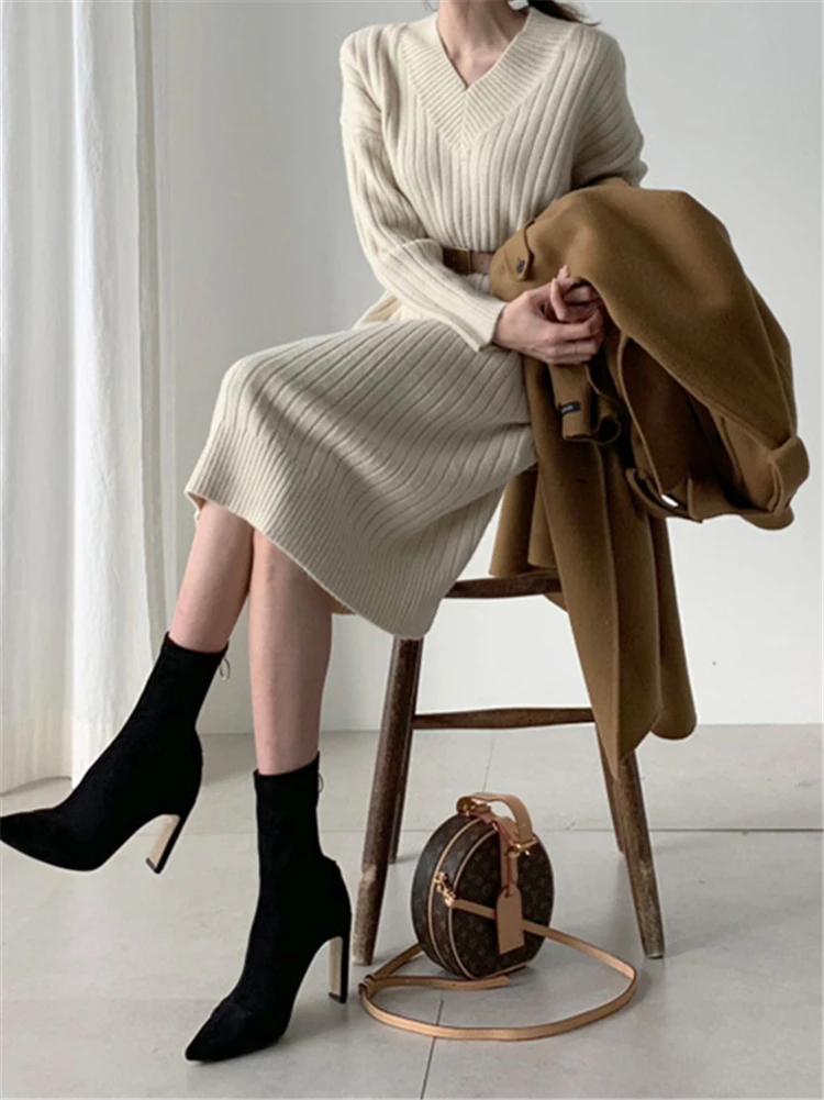 KINOMI новинка 2019 Осень зима женские платья вязанные прямые корейский стиль модные