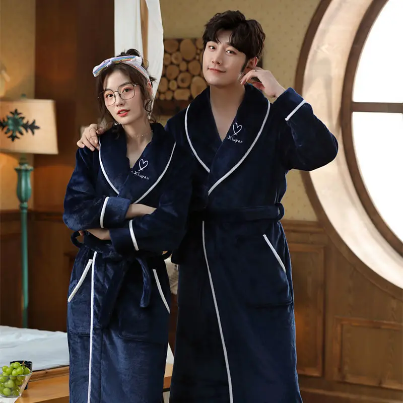 Winter Facecloth Thickened Couple Robe Women Coral Velvet Bathrobe Men and Women Plus Velvet Plus Long Pajamas Home Wear Pajamas