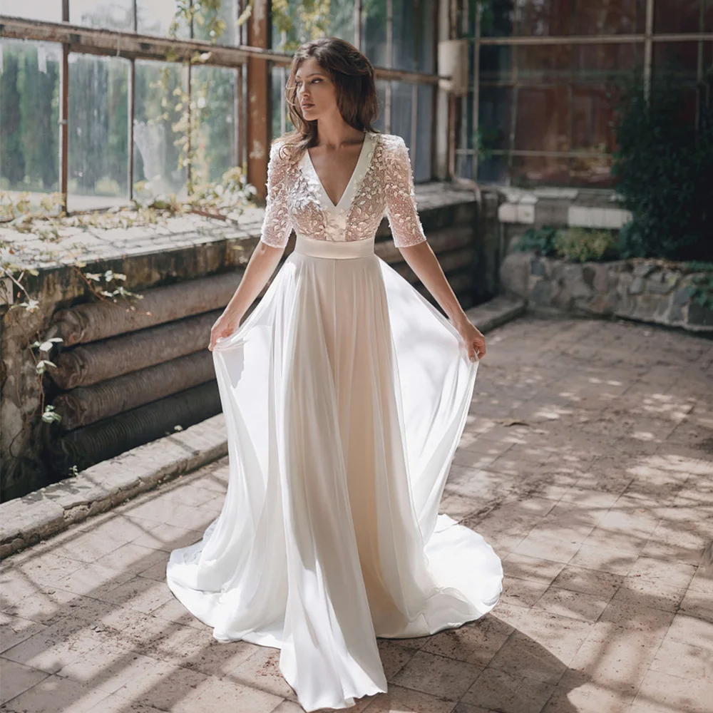 

Bridal Dress Half Sleeve Illusion Open Back Chiffon A Line Sexy V Neck Fashion Sweep Train Custom Made Gorset Vestido De Novia