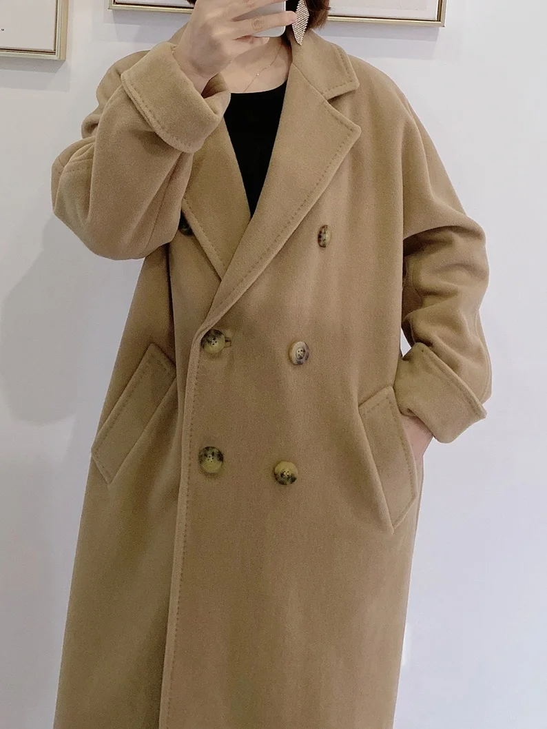 

Max classic camel double breasted straight tube loose medium and long double-sided tweed coat women's 2021 new tweed coat
