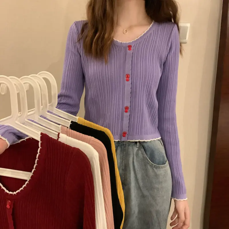 

Spring and autumn 2021 new BM style knitwear long sleeve sweet T-shirt slim short top