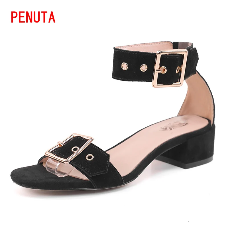 

Босоножки с пряжкой и ремешком, женская обувь на среднем каблуке, модные повседневные женские сандалии из коровьей замши в стиле панк, Высок...