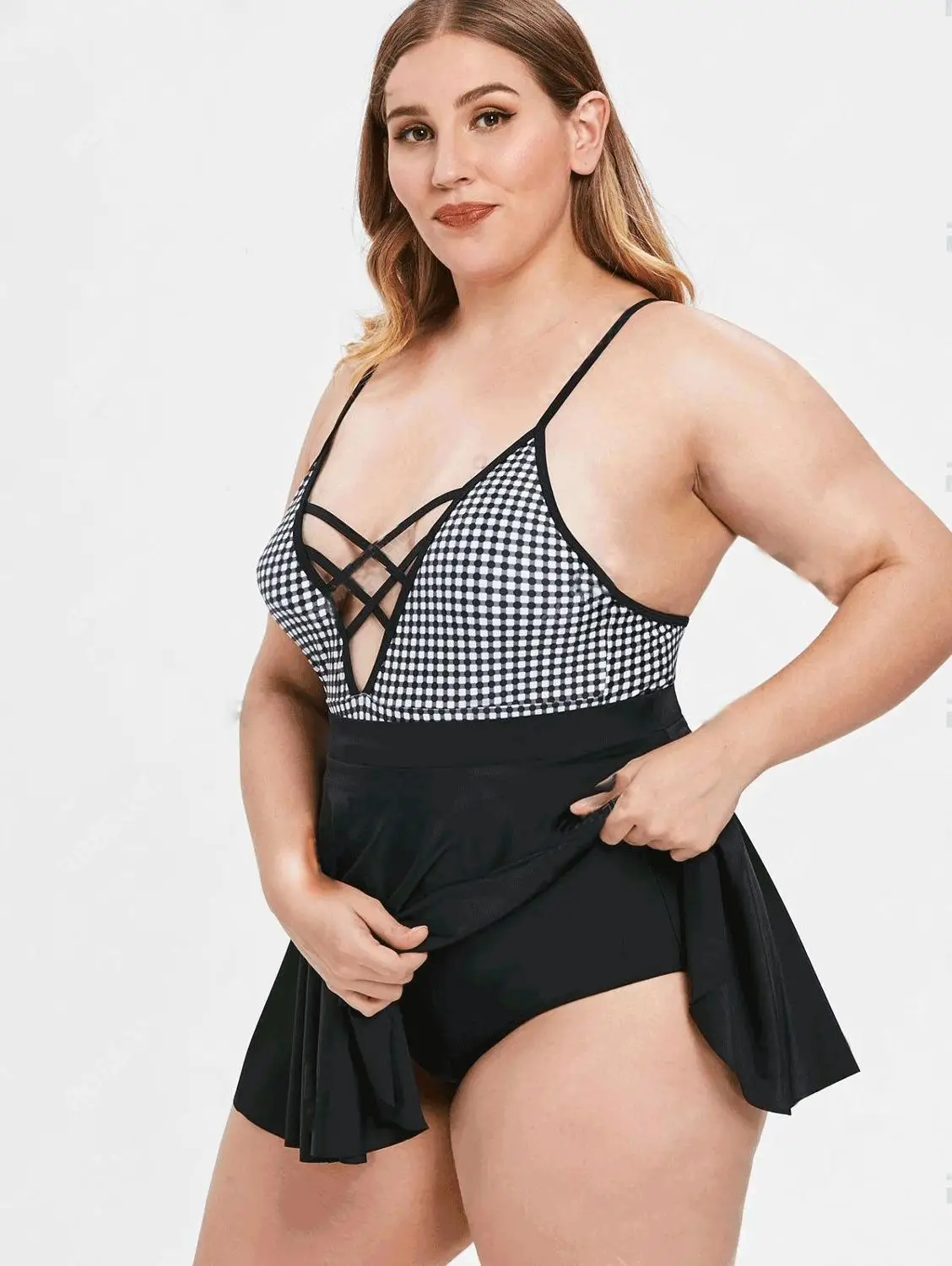 

2020 Women Plus Size Plaid Swimwear One Piece Bodysuit Swim Black 4XL Beach grid Bathing Suit Swimsuit female Large Size