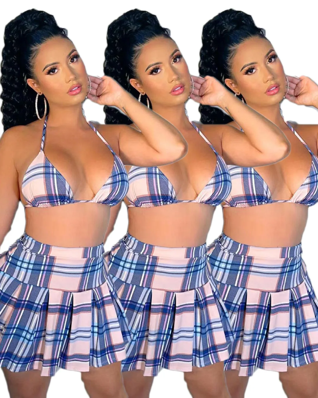 

RStylish 2021 Vintage Outfits Plaid Print Halter Backless Bra Top High Waist Pleated Skirt Summer Women Sexy Club Two Piece Set
