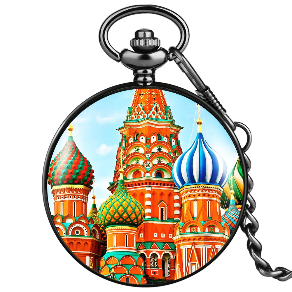 

Pocket Watch Quartz Men Women Colorful Russian Building Classic Black Smooth Cover White Numerals Dial Durable Pendant Clock