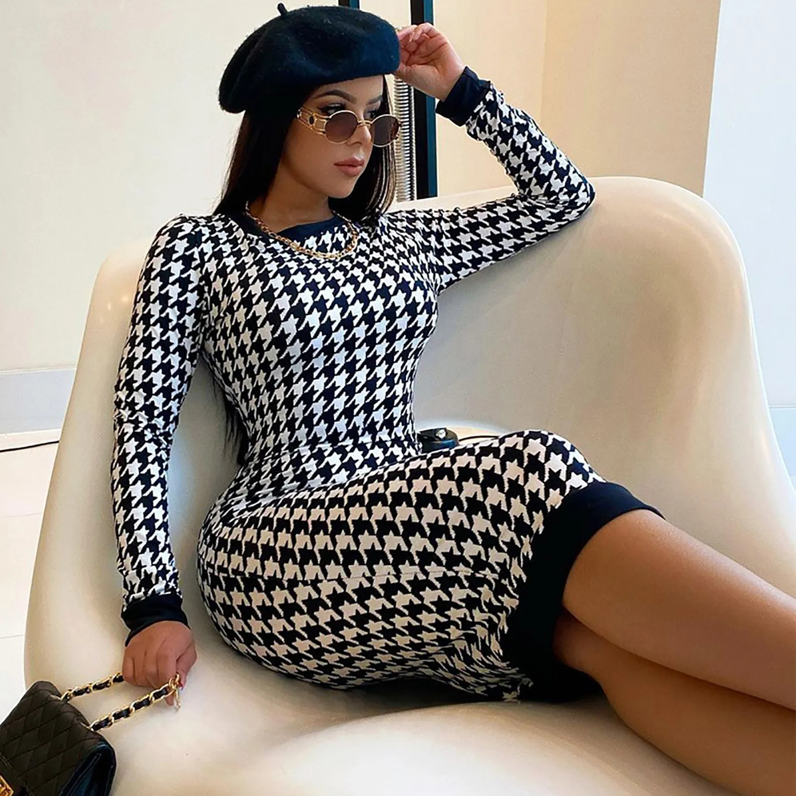 

Plaid Printing Dresses Women's Tunic Waist Slim Long Sleeve Sheath Mini Dress Sexy Evening O-neck Dress #294