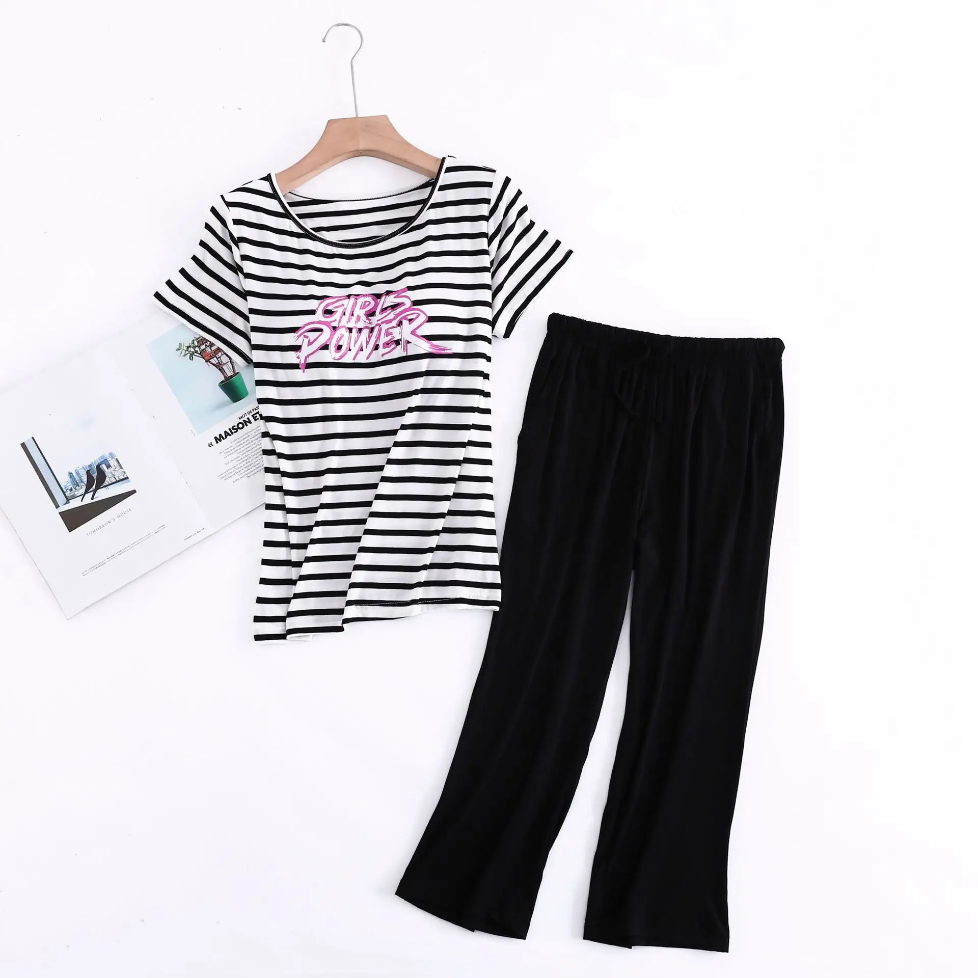 

Summer O-neck Pajamas Sets Women Modal Shirt&Pants Short Sleeve 2PCS Sleepwear Print Letter Pyjamas Suit Casual Loungewear