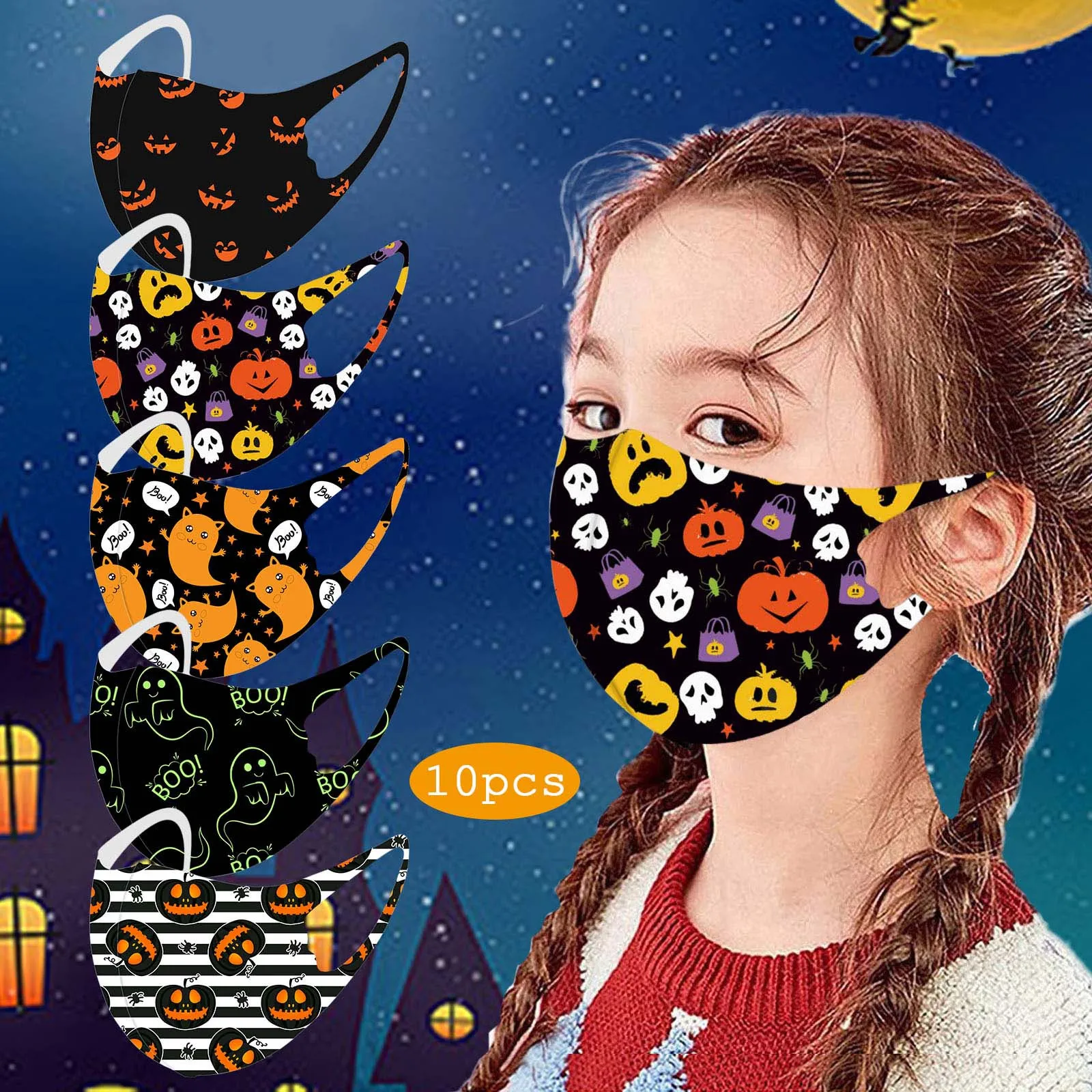 

10PCS Children's Kids Halloween Printed Disposable Breathable Mask Protective Dust-Proof Ice Silk Face Mask Masque