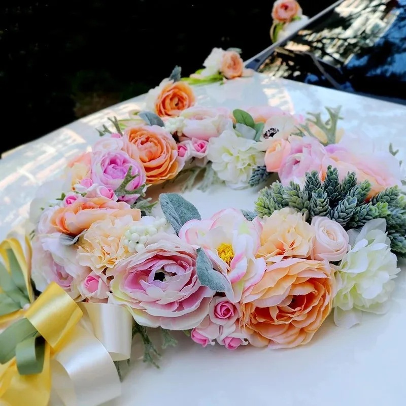 NEW Artificial silk Rose Peony Ribbon bow Wedding car flower set wedding decoration supplies DiY Wreath flowers