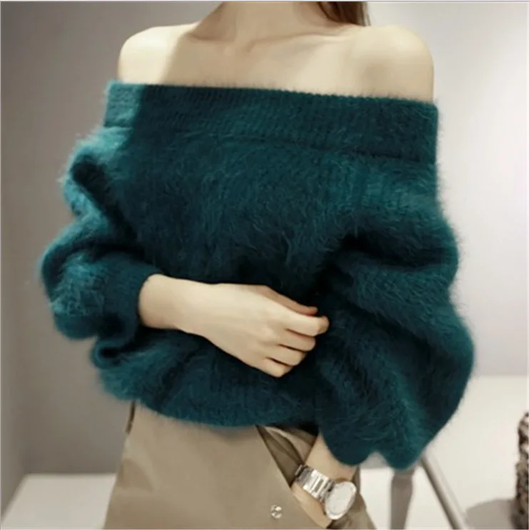 

2019 Autumn And Winter New Style Korean-style Hair Mink Cashmere Horizontal Neck Lantern-Sleeve Short Thick off-Shoulder Loose-F