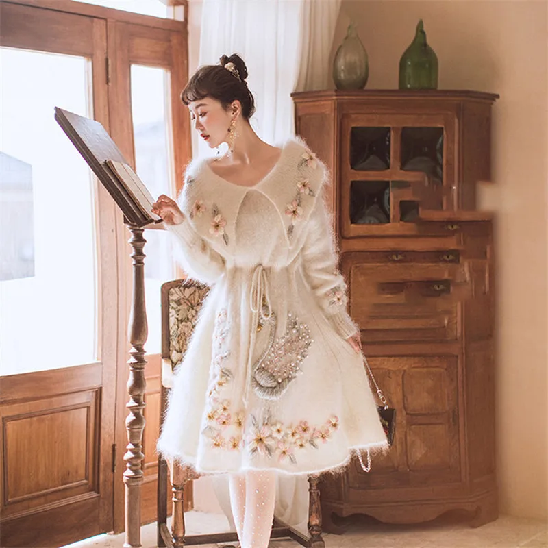 Женское платье-свитер в стиле ретро белое платье из мохера с воротником Питер Пэн