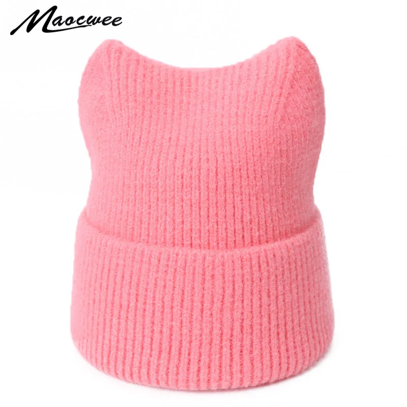 

Fashion Warm Beanies Hats For Women Cute Cat Ear Bonnet Casual Female Solid Color Adult Hedging Cap Cover Crochet Slouch Hat