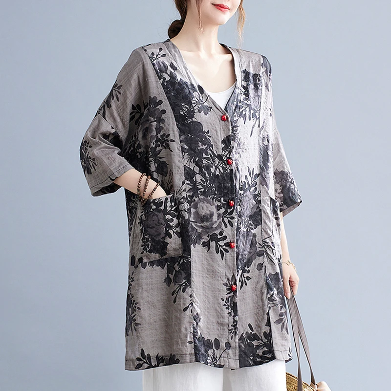 

Masss Wasss Chinese Style 2021 Summer New Printed Blouses Women V-Neck Linen Shirts Ladies Vintage Loose Tops Buttons Clothing