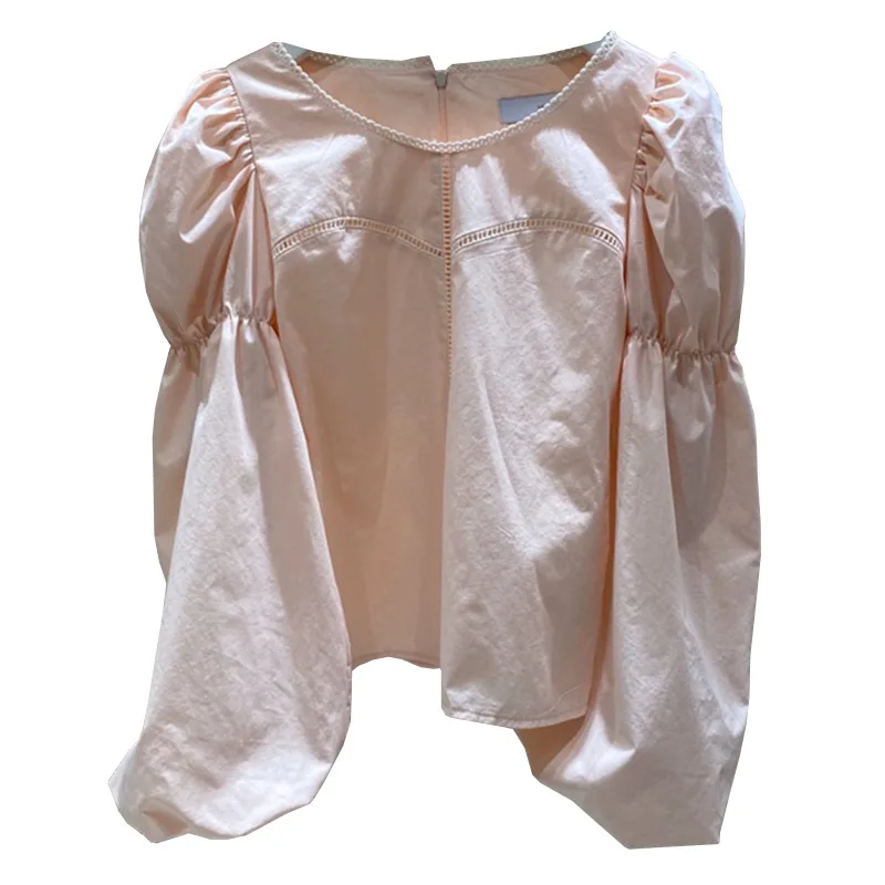 

2020 Pleated Blouse Women Solid Korean O Neck Puff Sleeve Ladies Blusa Shirts Summer 2020 Fashion Casual Female Tops