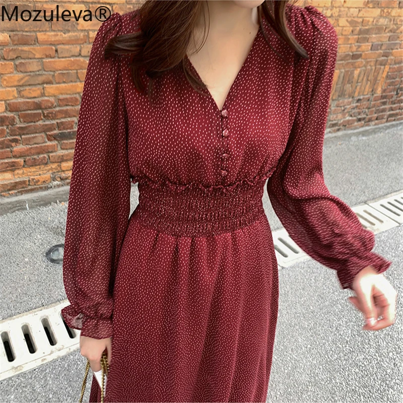 Женское платье миди в горошек Mozuleva шифоновое ТРАПЕЦИЕВИДНОЕ ПЛАТЬЕ С v образным