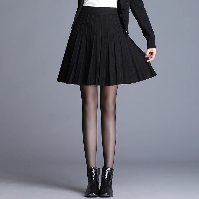 Трикотажные плиссированные мини юбки женские 2019 Осень Зима повседневные