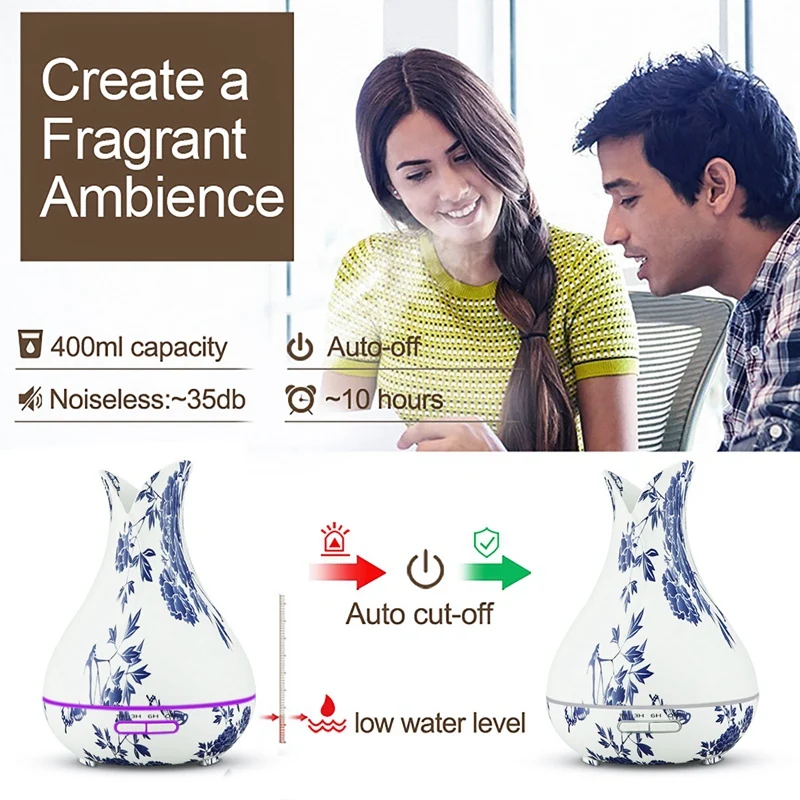 

400Ml Air Aromatherapy Essential Oil Diffuser LED Aromatherapy Humidifier Blue and White Porcelain Home Office