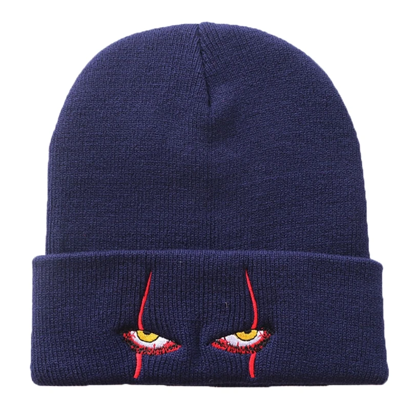 

Unisex Winter Knit Beanie Hat Scary Clown Eyes Embroidery Halloween Skull Cap Q0KE