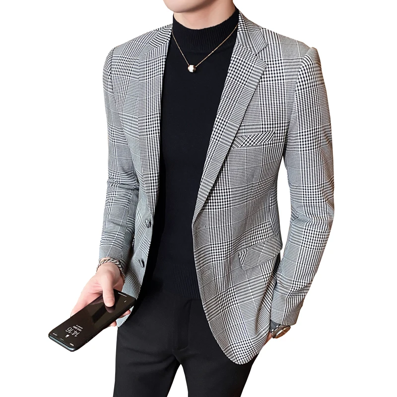 

Style 2021 British Men's Blazer Suit Jacket Plaid Casual Blazer Masculino Stage Wedding Mens Dress Coat Veste Costume Homme
