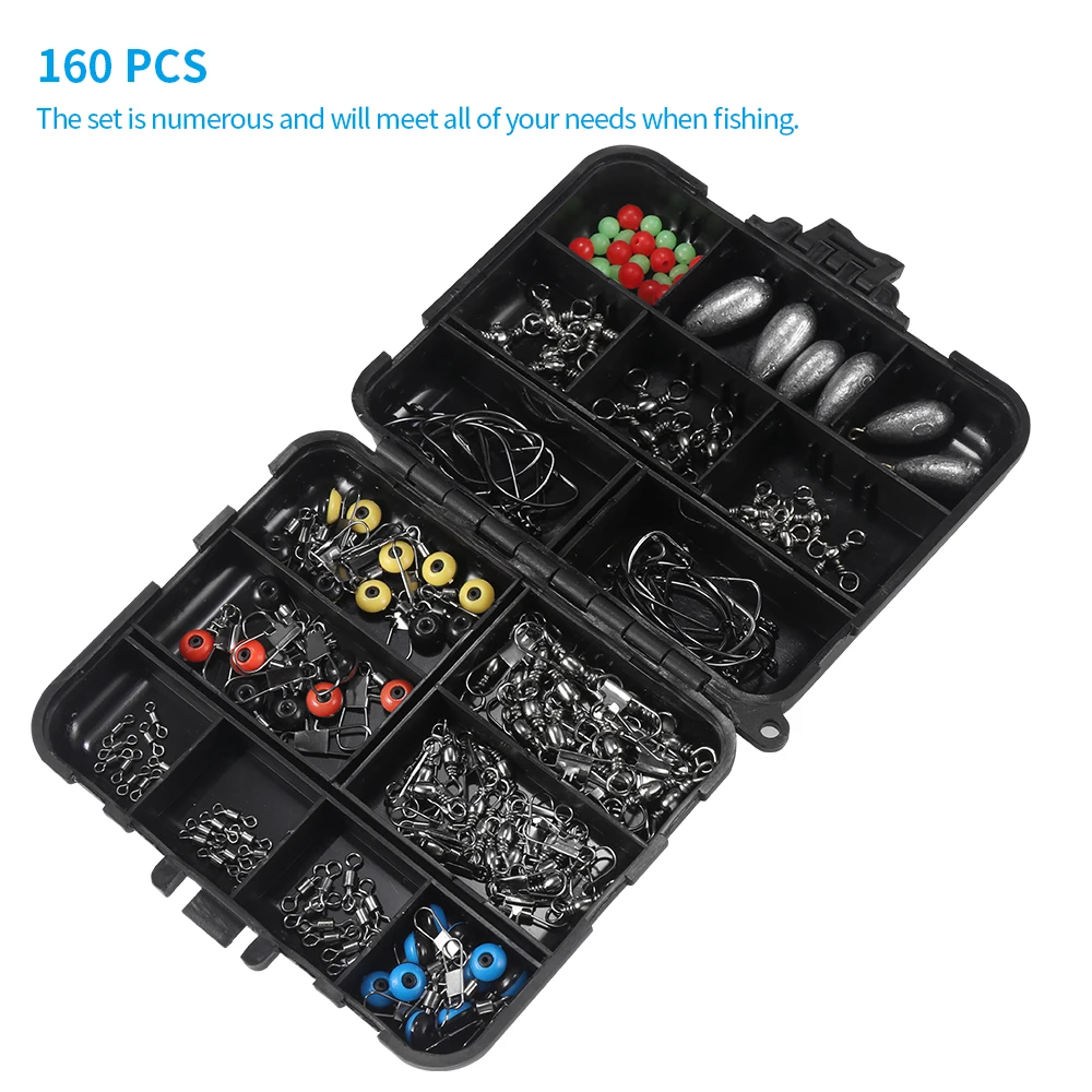 Набор рыболовных принадлежностей из 160 предметов с коробкой для снастей, крючками, грузилами, вертлюгами, стопорами, бусинами и 8-ми словными кольцами.