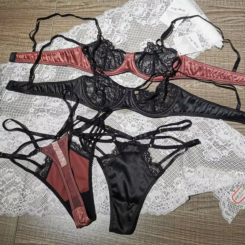 

2020 New Sexy Lace Bra and Thongs Set Underwear With Stones Unlined Transparent Bra Hollow Out Bandage Panties Women Lingerie
