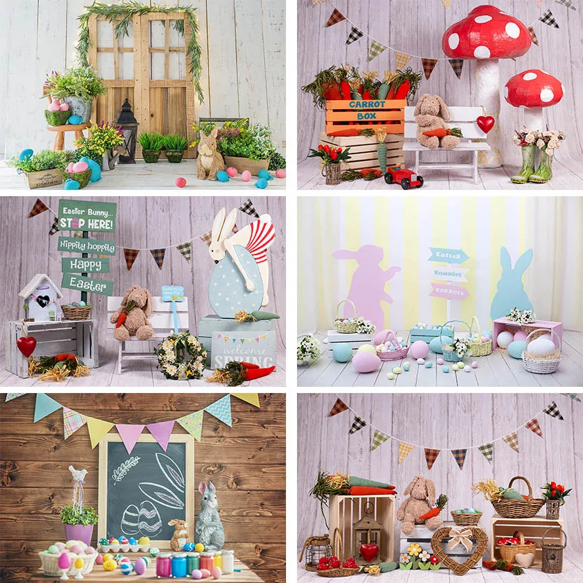 Фон для фотосъемки с Пасхальной весной цветами яйцами кроликом деревянным полом