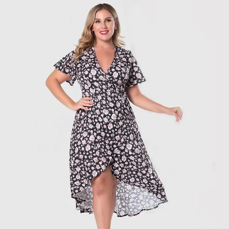 

Plus Size Women Casual Dress Elegant Floral Printed Summer Dress 2021 New Arrivals Sexy V Neck Short Sleeve Party Dress 3xl 4xl